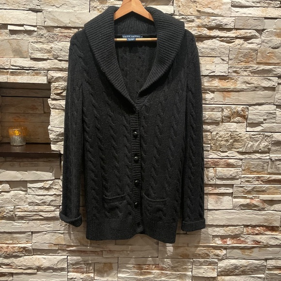 Ralph Lauren  Men’s Cable Knit Shawl  Collar Cardigan Sweater, Dark Grey, L - Picture 4 of 6